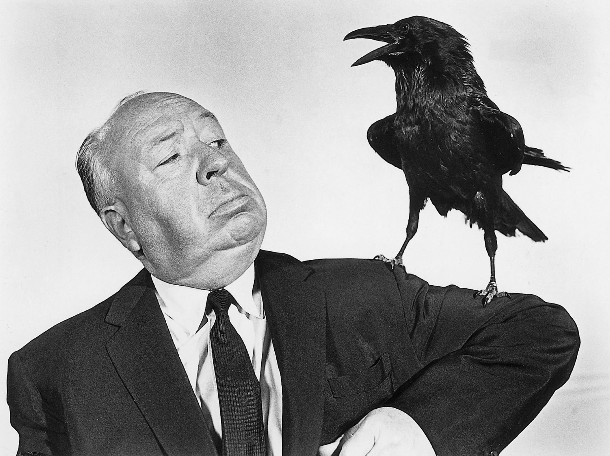 Alfred Hitchcock pendant le tournage de son film les Oiseaux (1963)