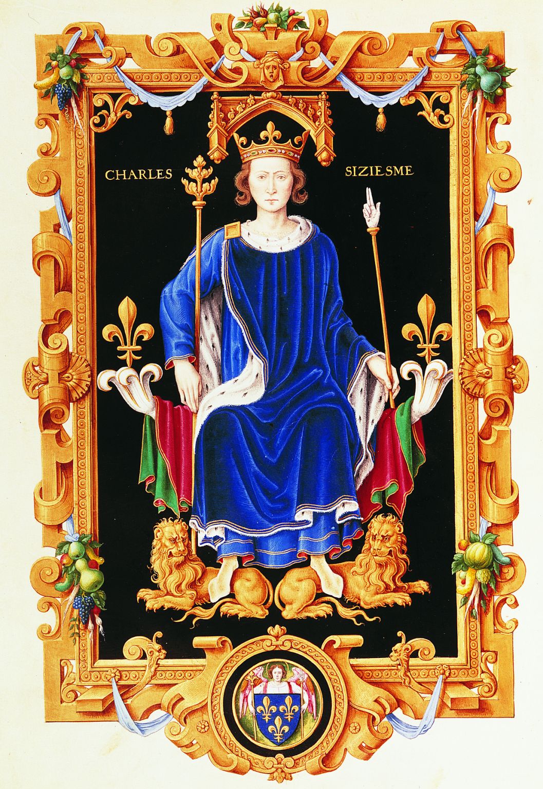 insignes royaux (couronne, sceptre, main de justice, fleurs de lis)